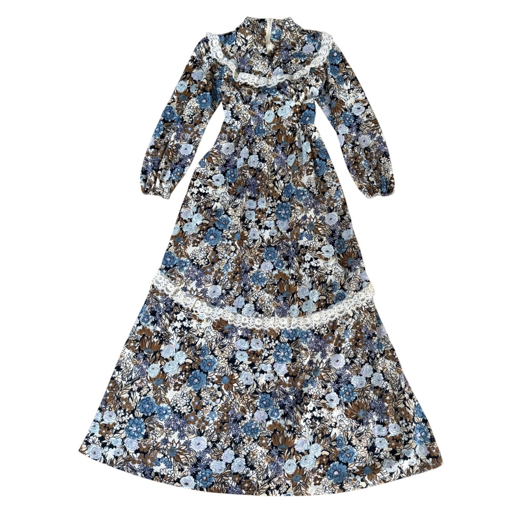Vintage 70s Floral Prairie Maxi Dress Lace Trim Long Sleeve Romantic Blue XS S